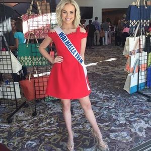 Red mini dress with cold shoulder